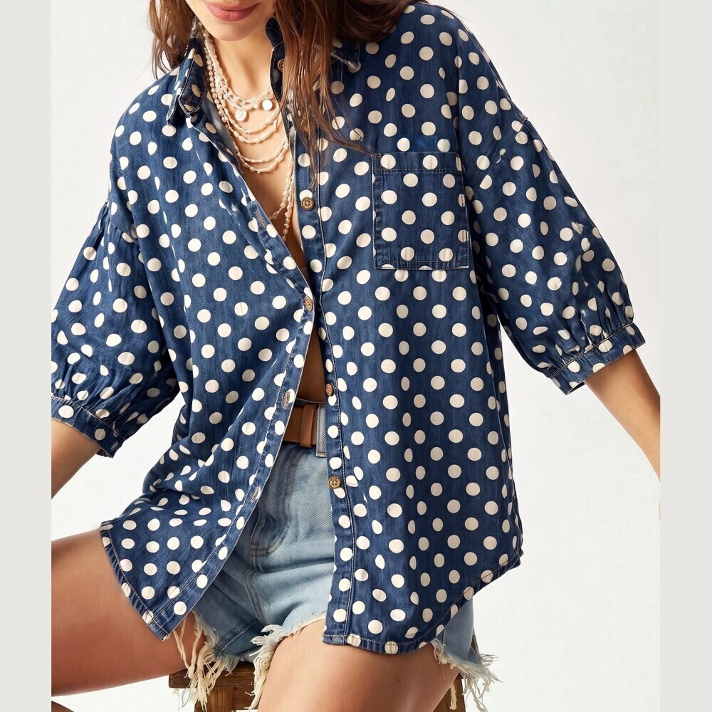 Dark Wash Blue Polka Dot Denim Oversized Button Front Shirt